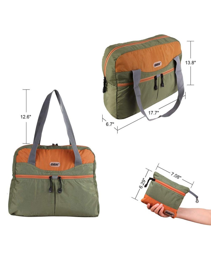 GOX Ultra Light Packable Tote Bag Weekender Crossbody Duffel Nylon for Women Small Lightweight Foldable Travel Tote under Seat Shoulder Bag on Plane Extra Large Bag with Zipper (Green&Orange) - Image 3