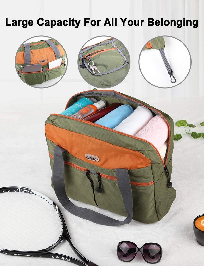 GOX Ultra Light Packable Tote Bag Weekender Crossbody Duffel Nylon for Women Small Lightweight Foldable Travel Tote under Seat Shoulder Bag on Plane Extra Large Bag with Zipper (Green&Orange) - Image 4