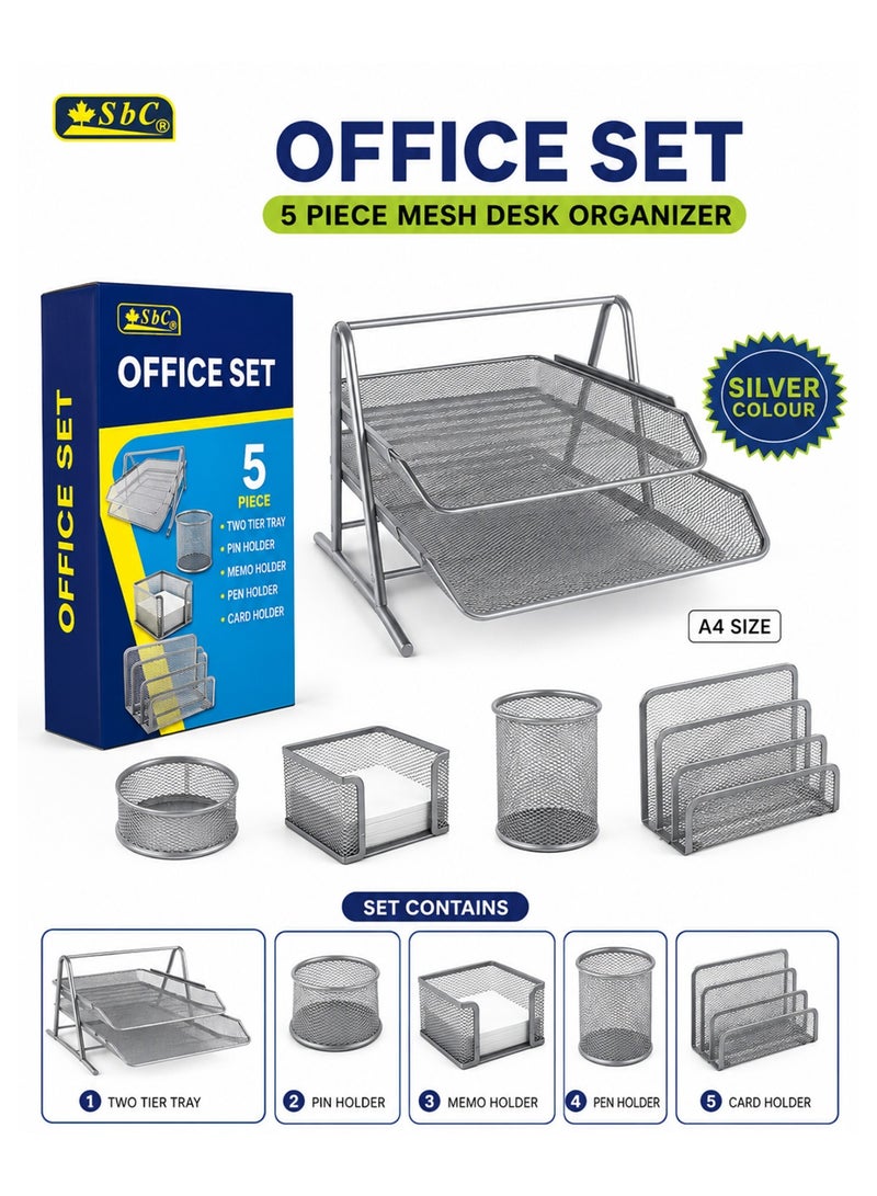 SBC 5-Piece Metal Mesh Desk Organizer Set Silver - Image 1