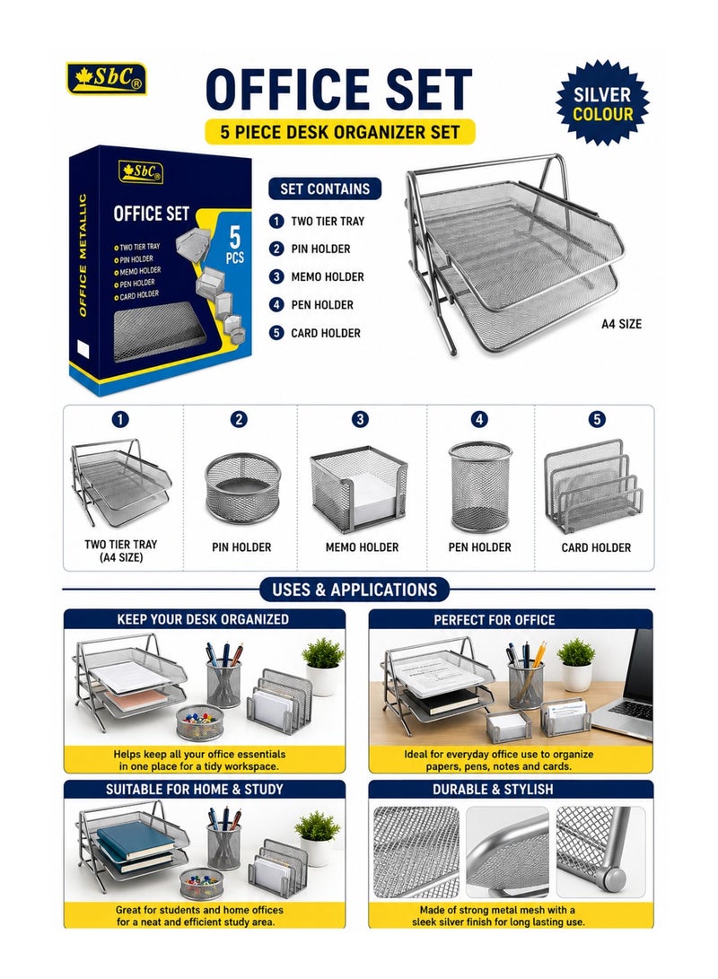 SBC 5-Piece Metal Mesh Desk Organizer Set Silver - Image 2