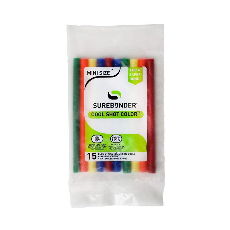Surebonder "Cool Shot" Color Hot Glue Sticks for Ultra Low Temperature, Mini Size 4" - 15 Pack - Red, Orange, Yellow, Green, Blue - Made in USA (CS-15VC) - Image 1