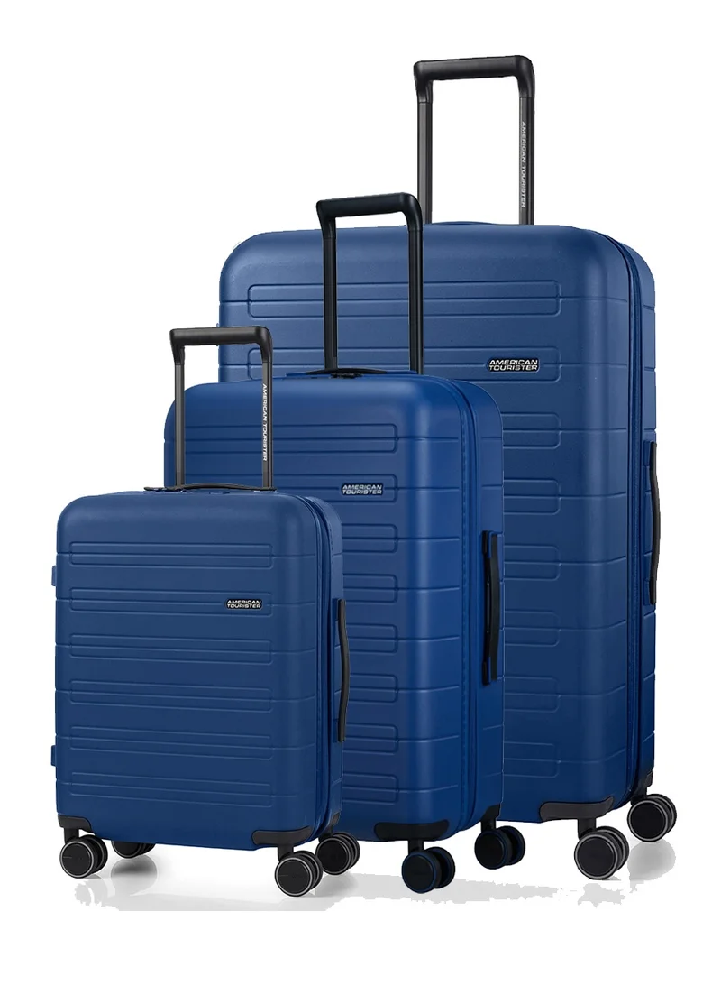 American Tourister Novastream V2 Suitcase, Set of 3, Cabin, Medium & Large (55 + 67 + 77 cm), 4 Spinner Wheels, Hard Top, Polycarbonate, Navy|Divider Pad|Expandable|100% rPET Recycled Plastic|TSA Lock|Aluminum Handle - 3 Years Global Warranty