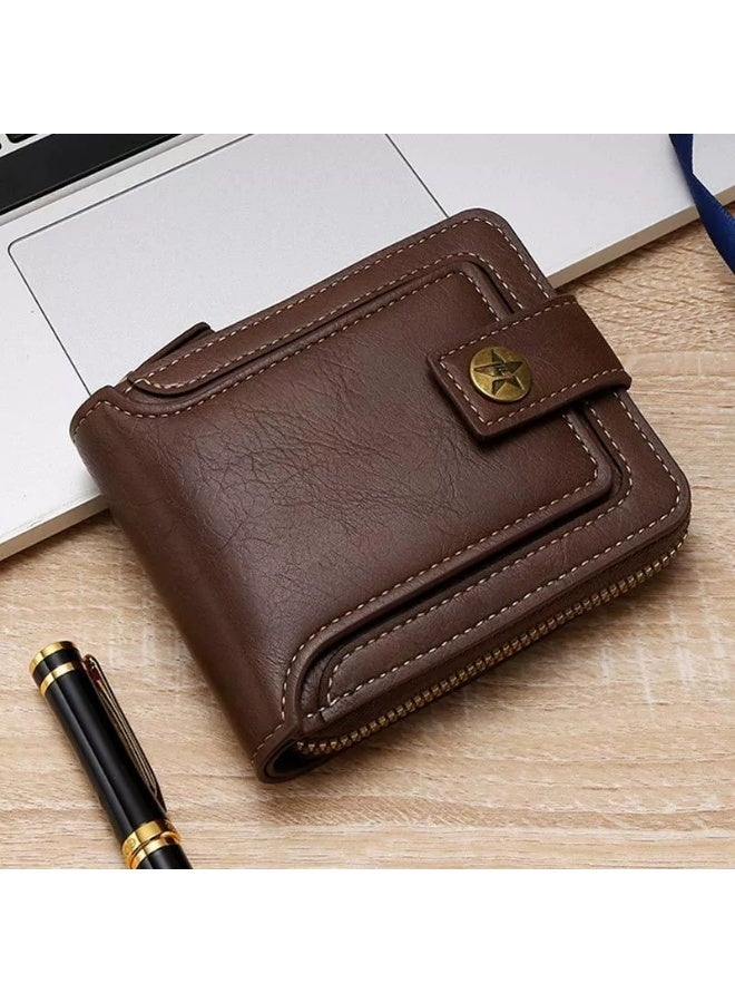 CarrKen Men's Short Wallet European and American Fashion Retro Multifunctional Wallet Zipper Buckle Card Holder Brown - Image 1