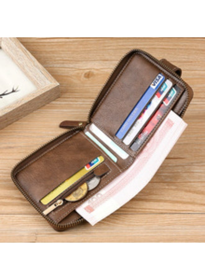 CarrKen Men's Short Wallet European and American Fashion Retro Multifunctional Wallet Zipper Buckle Card Holder Brown - Image 2