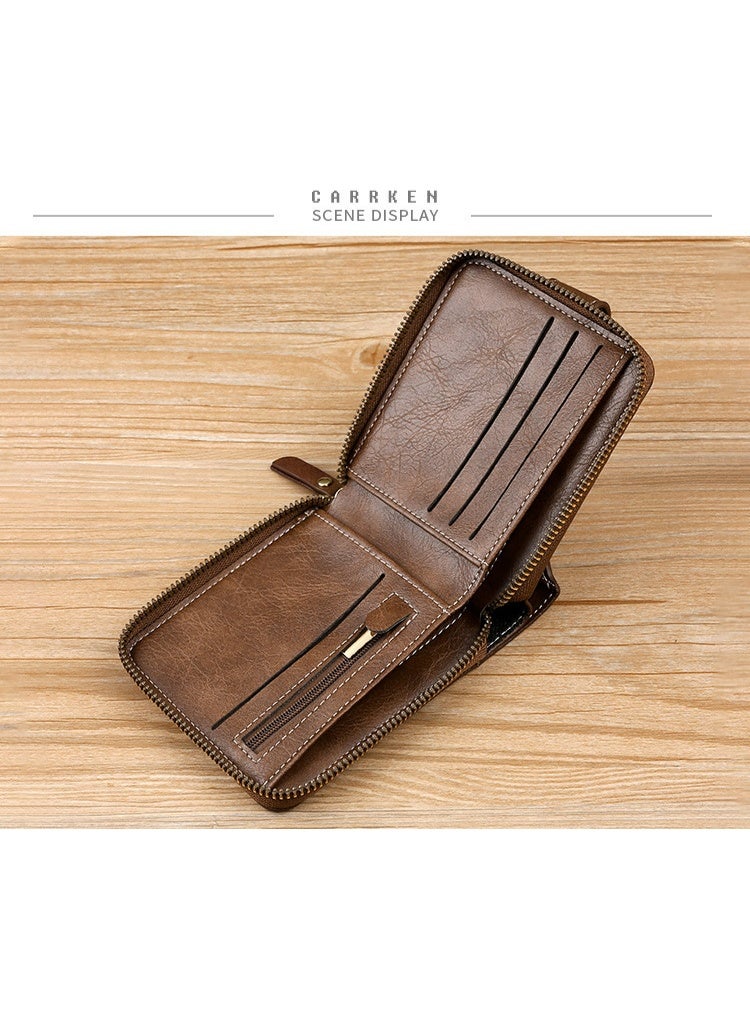 CarrKen Men's Short Wallet European and American Fashion Retro Multifunctional Wallet Zipper Buckle Card Holder Brown - Image 3