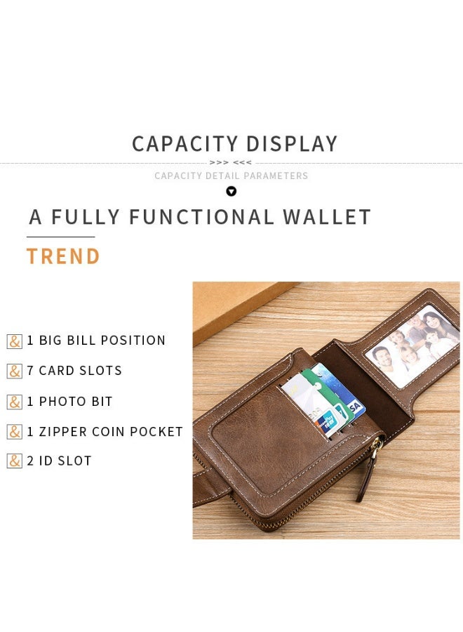CarrKen Men's Short Wallet European and American Fashion Retro Multifunctional Wallet Zipper Buckle Card Holder Brown - Image 4