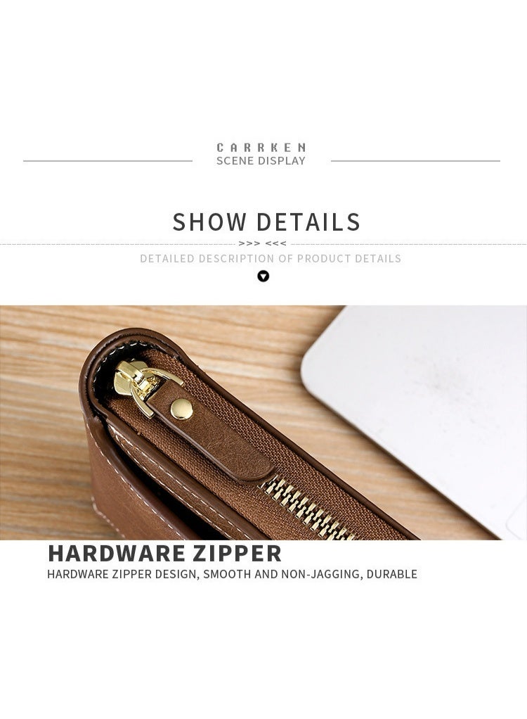 CarrKen Men's Short Wallet European and American Fashion Retro Multifunctional Wallet Zipper Buckle Card Holder Brown - Image 5