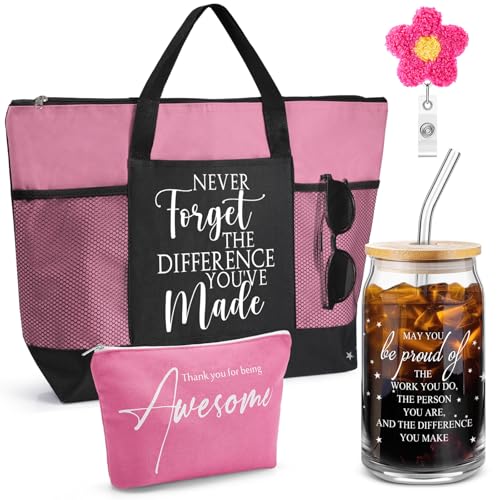 Clysee 4 Pcs 2026 Nures Week Thank You Gift Glass Cup Tote Bag Makeup Bag Badge Reel Appreciation Gift for Employee Coworker(Rose Pink) - Image 1