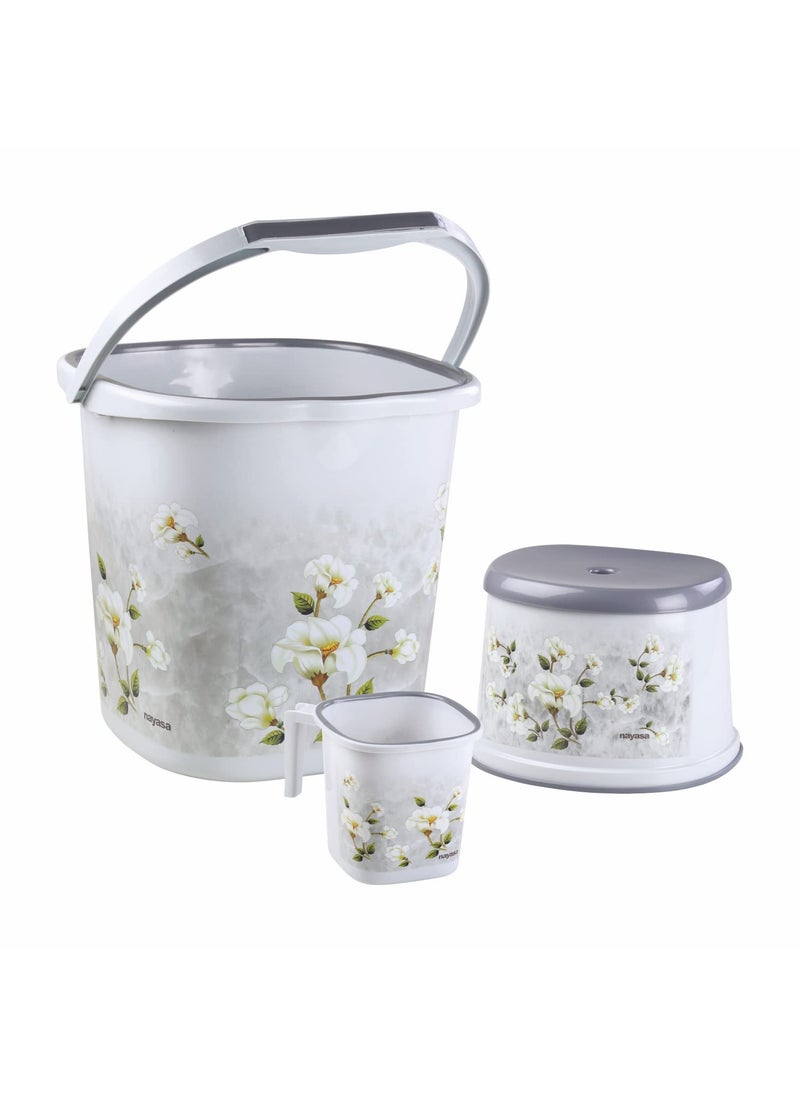 NAYASA Nayasa Marble Bathroom Set | Set of 3 (25 Litre Bucket + 1500 ML Mug + 508 Stool) of Plastic Bathroom Set | Ideal for Home & Office | Large | Grey 