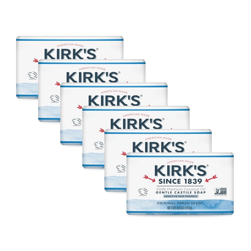 Kirk's Castile Bar Soap for Men, Women & Children - Made With Premium Coconut Oil, Sensitive Skin Formula, Vegan, Non GMO, Original Fresh Scent, 4 oz. Bars, 6 Pack - Image 1