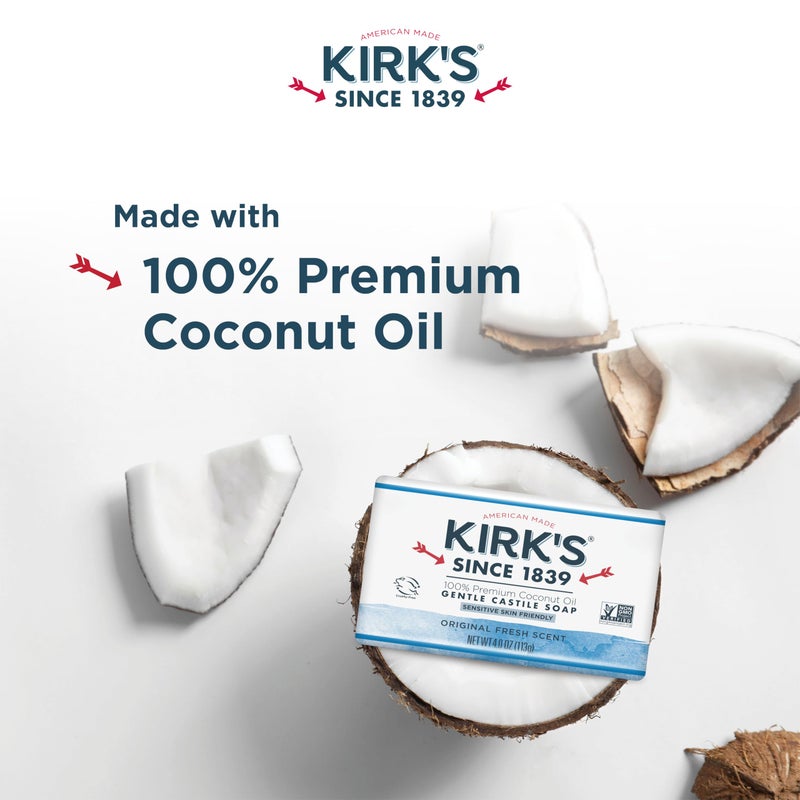 Kirk's Castile Bar Soap for Men, Women & Children - Made With Premium Coconut Oil, Sensitive Skin Formula, Vegan, Non GMO, Original Fresh Scent, 4 oz. Bars, 6 Pack - Image 3