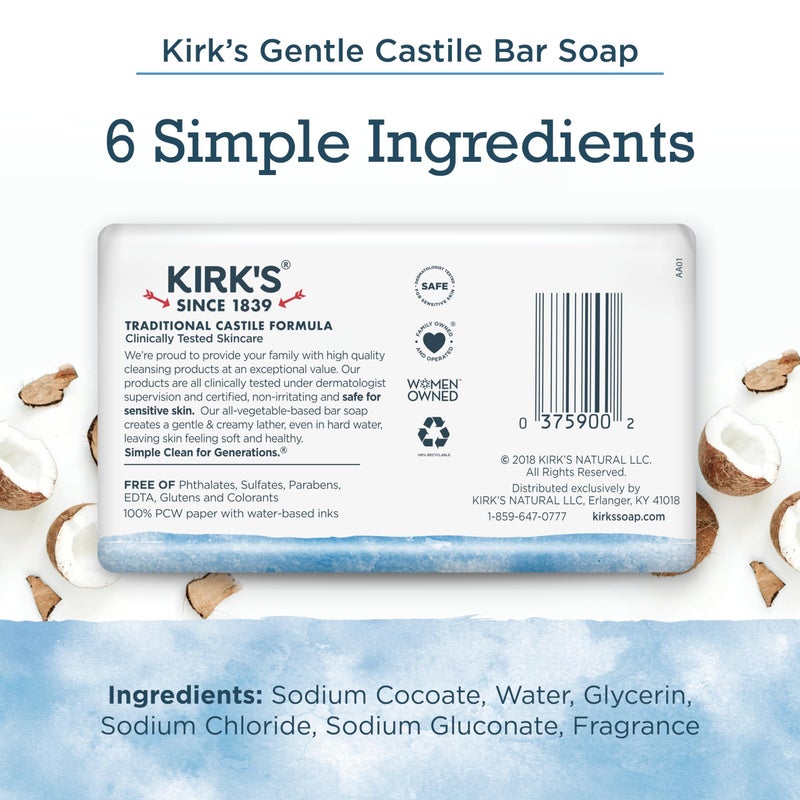 Kirk's Castile Bar Soap for Men, Women & Children - Made With Premium Coconut Oil, Sensitive Skin Formula, Vegan, Non GMO, Original Fresh Scent, 4 oz. Bars, 6 Pack - Image 2