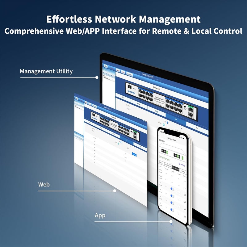 Goalake Managed PoE Switch with 16 Gigabit PoE+ @240W Built-in Power, 2 Uplink Gigabit Port + 1 Combo SFP Slots, IEEE802.3af/at, Metal Casing, VLAN Mode, AI Function, Plug & Play Rack-mountable - Image 2