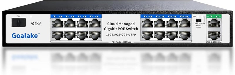 Goalake Managed PoE Switch with 16 Gigabit PoE+ @240W Built-in Power, 2 Uplink Gigabit Port + 1 Combo SFP Slots, IEEE802.3af/at, Metal Casing, VLAN Mode, AI Function, Plug & Play Rack-mountable - Image 1