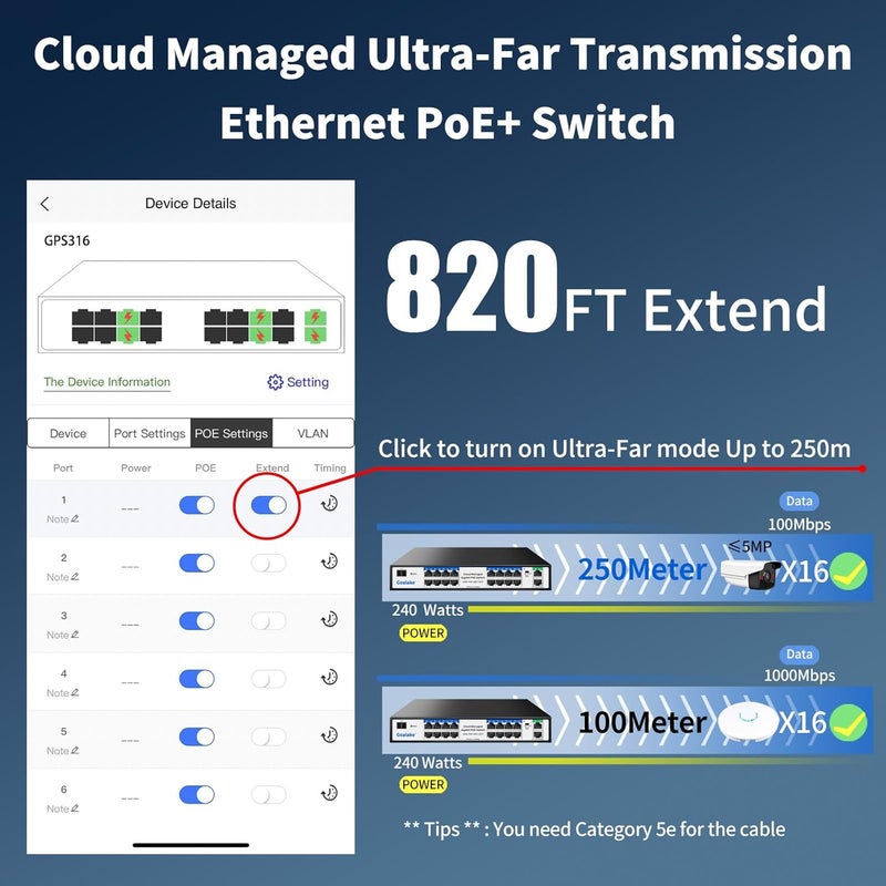 Goalake Managed PoE Switch with 16 Gigabit PoE+ @240W Built-in Power, 2 Uplink Gigabit Port + 1 Combo SFP Slots, IEEE802.3af/at, Metal Casing, VLAN Mode, AI Function, Plug & Play Rack-mountable - Image 5