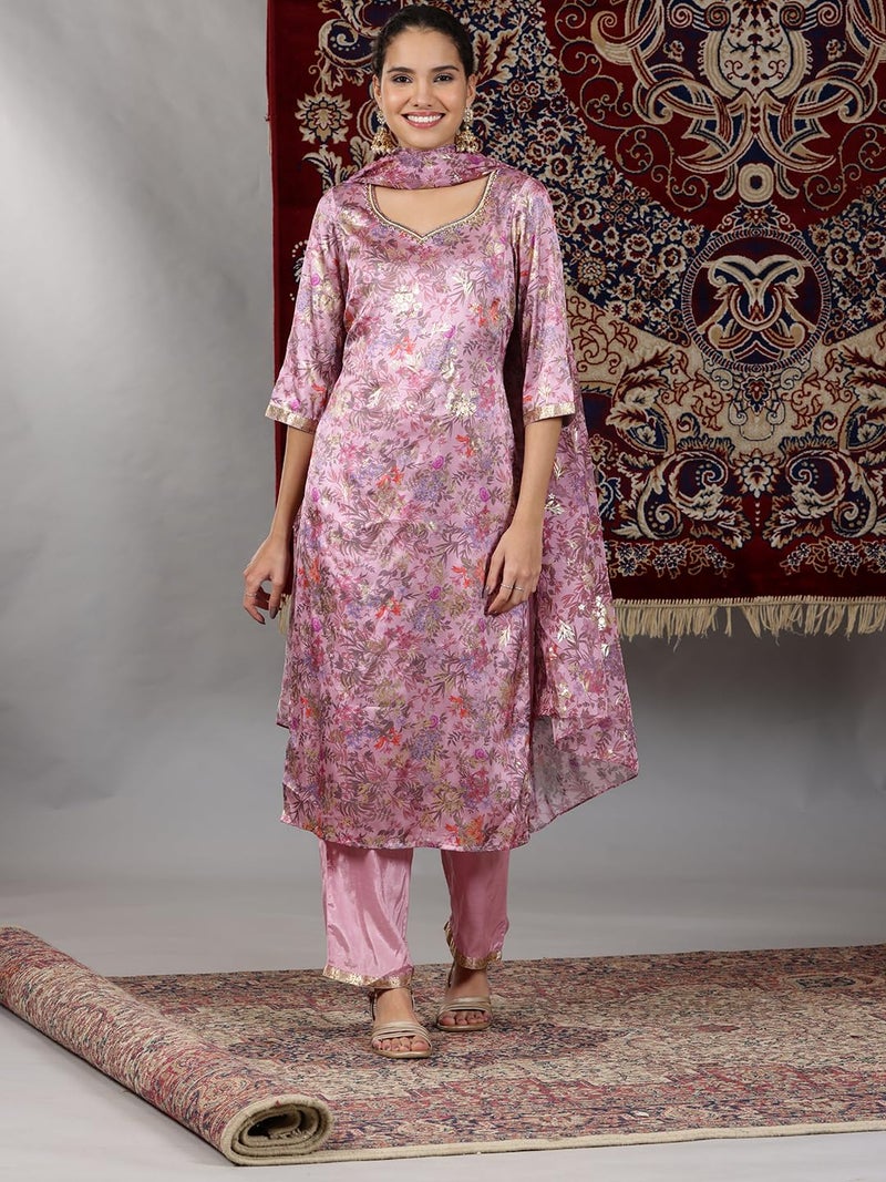 Aurelia Women’s Floral Printed Straight Kurta Set with Palazzos and Dupatta for Women - Image 2