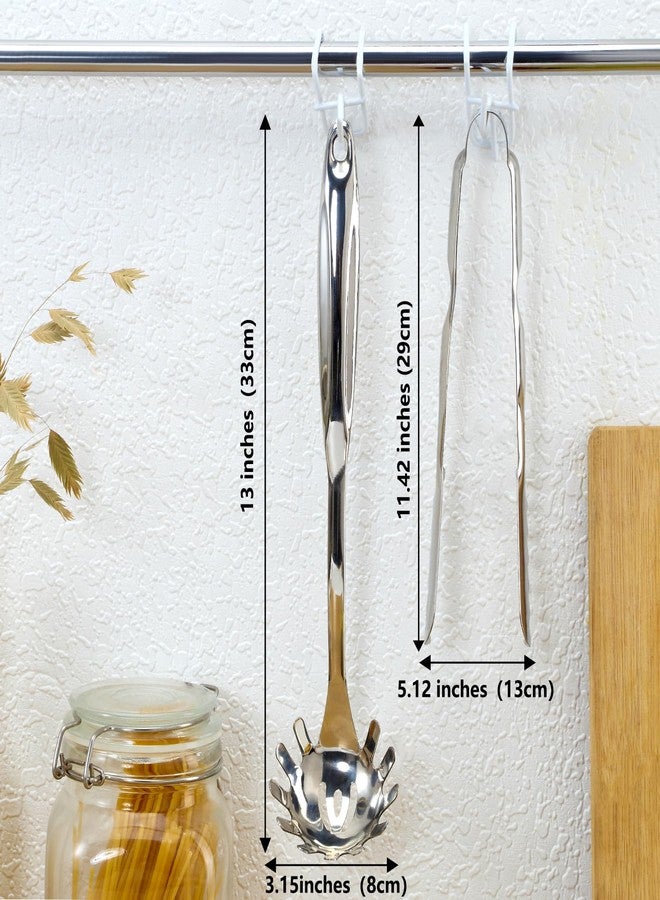 Pleafind Spaghetti Spoon and Spaghetti Tong 2-Piece Set, 13-Inch Non-Stick Spaghetti Fork and 9-Inch Kitchen Tong, Easy Storage and Cleanup, Ergonomic Design, stainless steel - Image 2