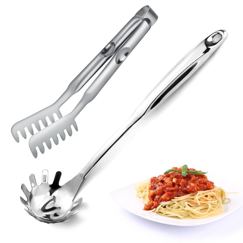 Pleafind Spaghetti Spoon and Spaghetti Tong 2-Piece Set, 13-Inch Non-Stick Spaghetti Fork and 9-Inch Kitchen Tong, Easy Storage and Cleanup, Ergonomic Design, stainless steel - Image 1