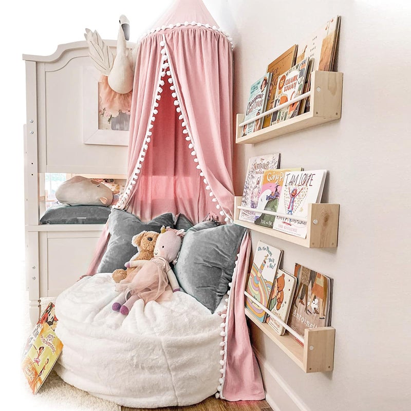LOAOL LOAOL Kids Bed Canopy with Pom Pom Cotton Canopy for Crib Baby Girl Netting Cover Canopy Crib Curtain Reading Nook Hanging Tent Nursery Play Game Castle House Decoration (Pink Pompom)  - Image 1