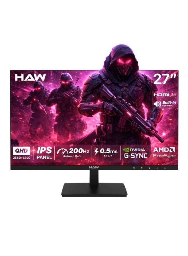 هاو شاشة ألعاب HAW Q27IPY1 بحجم 27 بوصة، بدقة QHD (2560×1440)، لوحة IPS، معدل تحديث 200 هرتز، زمن استجابة 0.5 مللي ثانية (MPRT)، متوافقة مع G-Sync وFreeSync، مزودة بسماعات مدمجة، شاشة مسطحة، مناسبة للكمبيوتر وأجهزة الألعاب – اللون الأسود - Image 1