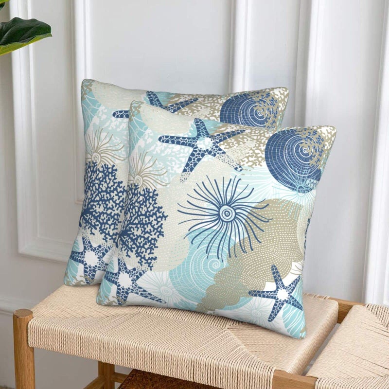 Poream Beach Ocean Starfish Seashell Nautical Coastal Farmhouse Throw Pillow Covers 18x18 Pillow Case Soft Pillowcase Cushion Covers Set of 2 for Sofa Bed Bedroom Car Chair Living Room Home Decor - Image 2
