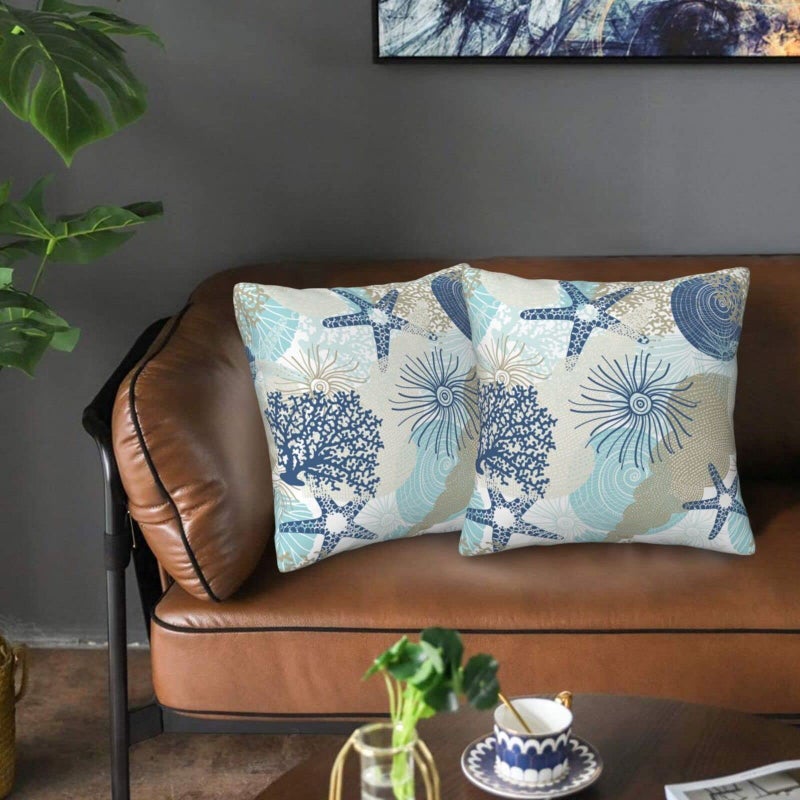 Poream Beach Ocean Starfish Seashell Nautical Coastal Farmhouse Throw Pillow Covers 18x18 Pillow Case Soft Pillowcase Cushion Covers Set of 2 for Sofa Bed Bedroom Car Chair Living Room Home Decor - Image 3