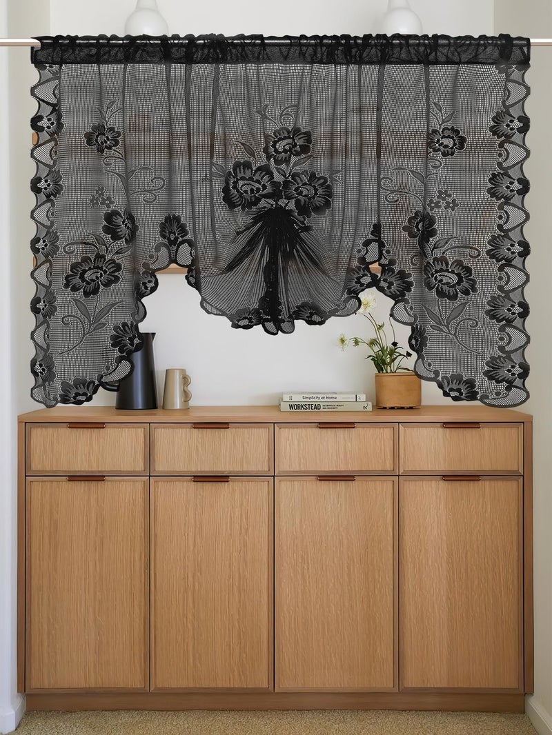 Jayla Black Semi-Sheer Floral Lace Curtain Swag for Kitchen Half Window Bathroom Decoration Rod Pocket,39 x 39 Inch, 1 Panel - Image 2