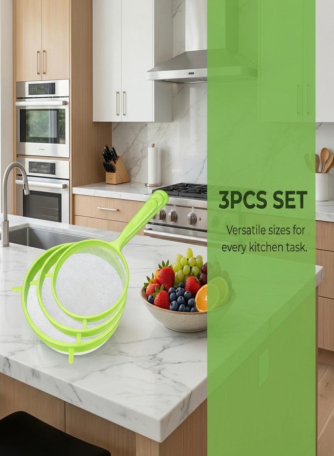 Essivox 3Pcs Green Plastic Strainer, Flour Sifter Set with Long Handle, Fine Mesh Colander for Flour, Coffee, Tea - Image 3