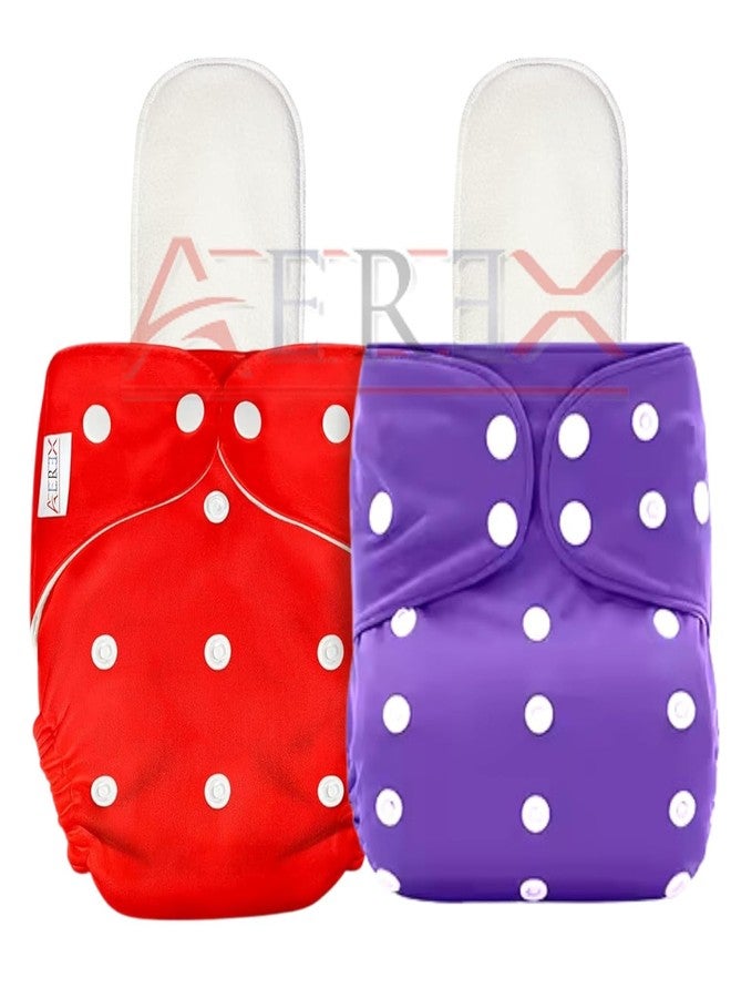 AEREX Premium Reusable Baby Cotton 2 Cloth Diapers For 0 to 3 Years With 2 Insert Pads Leak Proof Washable Diapers For New Born Babies Adjustable Pocket Cloth Diaper Nappies (Red & Purple) - Image 1