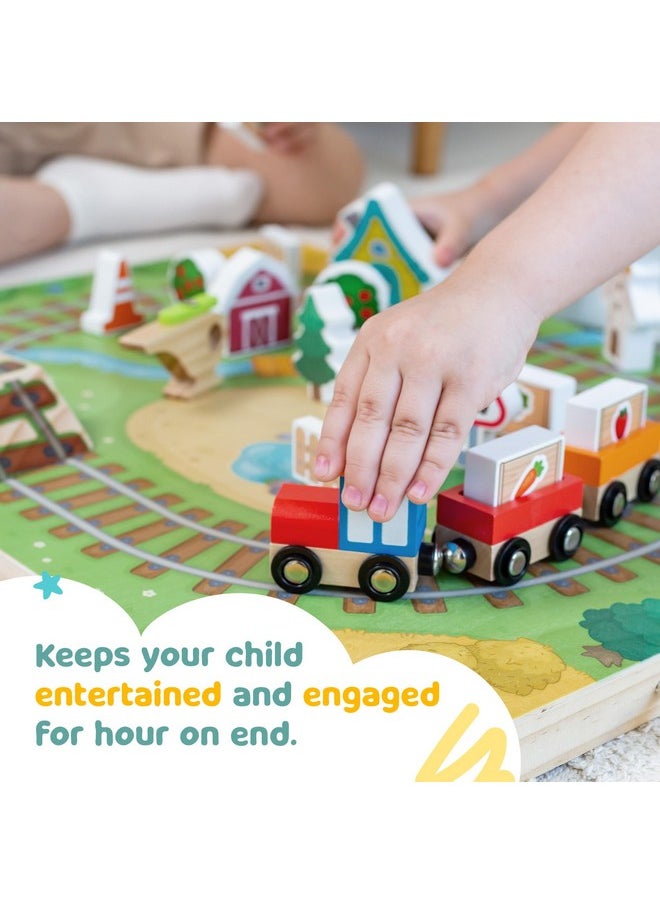 Bimi Boo Bimi Boo 26-Piece Wooden Take-Along Tabletop Railroad Play Set for Toddlers - Premium Wood Railway Set for Kids 3+ Year Old - Magnetic Train Kit for Pretend Play - Includes Carry Case with Handle  - Image 3