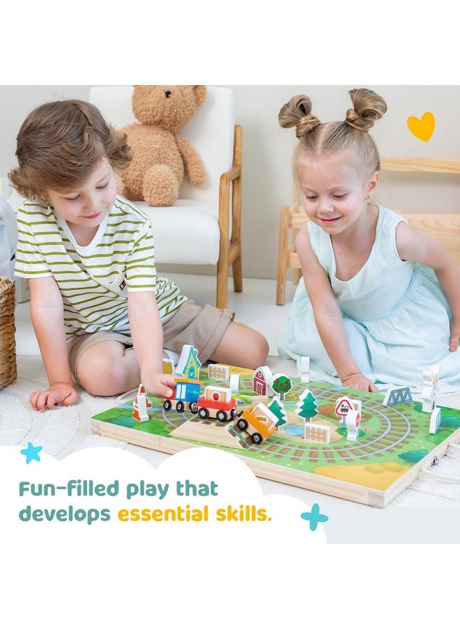 Bimi Boo Bimi Boo 26-Piece Wooden Take-Along Tabletop Railroad Play Set for Toddlers - Premium Wood Railway Set for Kids 3+ Year Old - Magnetic Train Kit for Pretend Play - Includes Carry Case with Handle  - Image 2
