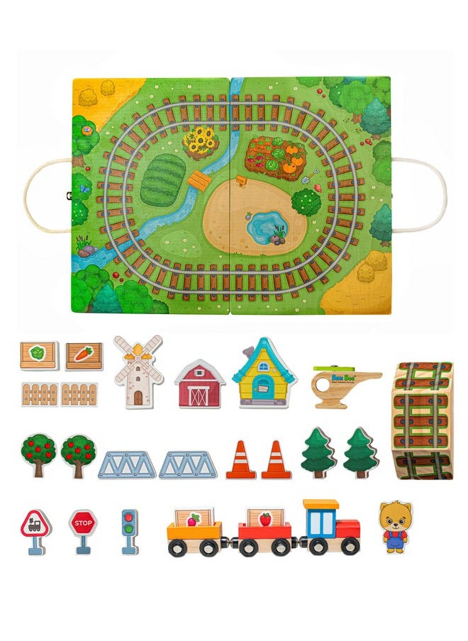 Bimi Boo Bimi Boo 26-Piece Wooden Take-Along Tabletop Railroad Play Set for Toddlers - Premium Wood Railway Set for Kids 3+ Year Old - Magnetic Train Kit for Pretend Play - Includes Carry Case with Handle  - Image 1