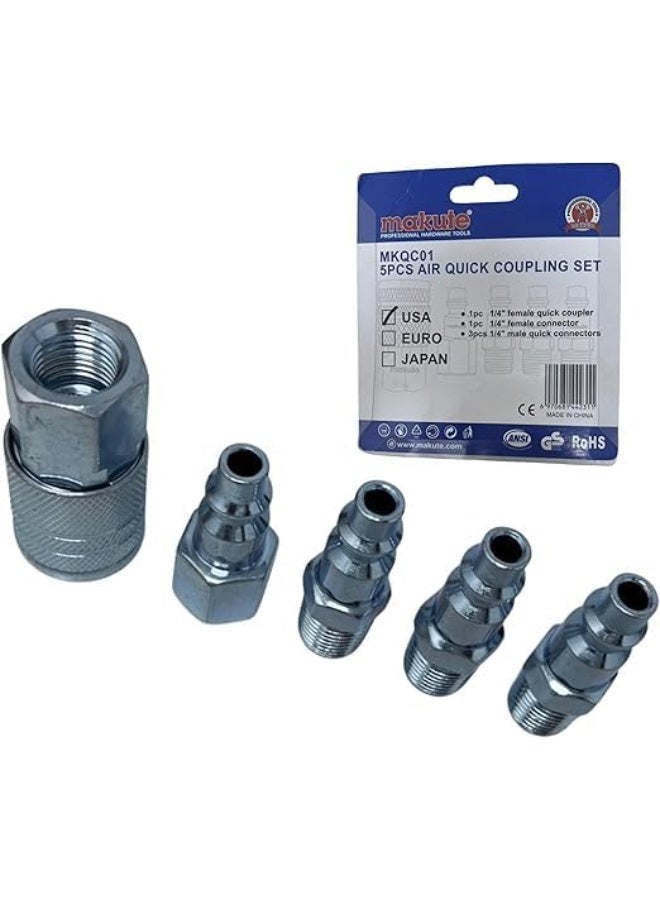makute 5PCS Air Quick Coupling Set 1/4 Inch US Type, Male Female Pneumatic Connectors for Air Compressor Tools, Steel Quick Connect Fittings Kit MK-QC01 - Image 3