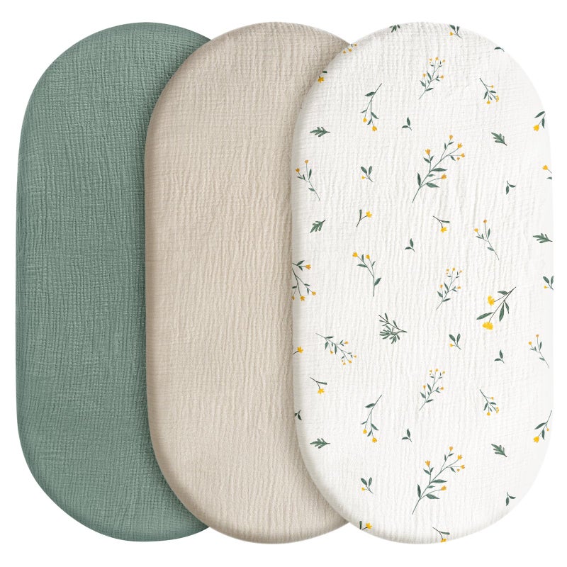 Silentnight Baby Mattress Cover, Fitted Sheet, Pack of 3, 100% Muslin Cotton,Oeko-Tex 100,Muslin Bassinet Sheets,Bassinet Cover,Pram Mattress Cover,83 x 43 x 10 cm,Fitted Sheet for Prams, Bassinets（Flower） - Image 1