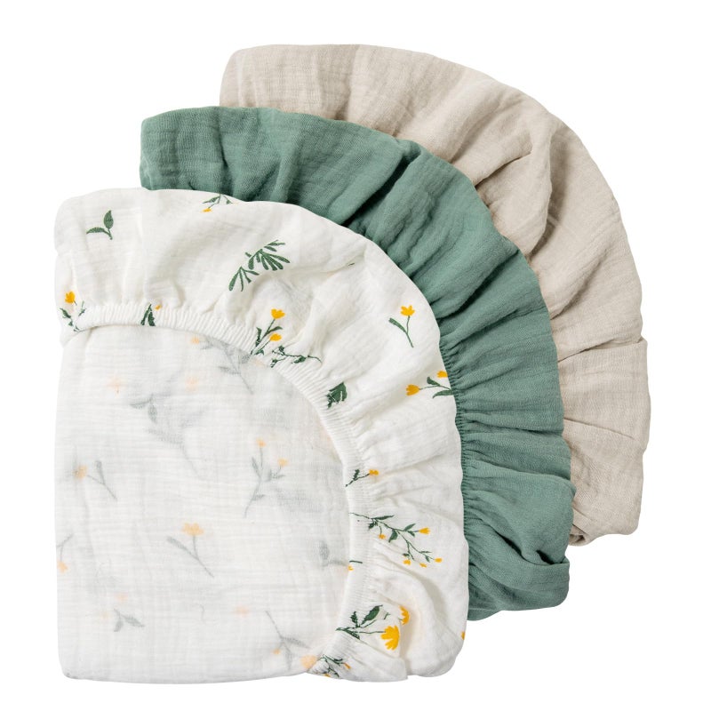 Silentnight Baby Mattress Cover, Fitted Sheet, Pack of 3, 100% Muslin Cotton,Oeko-Tex 100,Muslin Bassinet Sheets,Bassinet Cover,Pram Mattress Cover,83 x 43 x 10 cm,Fitted Sheet for Prams, Bassinets（Flower） - Image 2