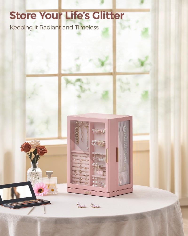 Glimmloop 360Â° Rotating Jewelry Box with 7 Drawers, Spacious Vertical Jewelry Organizer with Glass Window, Jewelry Storage Case, Dustproof & Moisture-resistant Design, Pink - Image 2