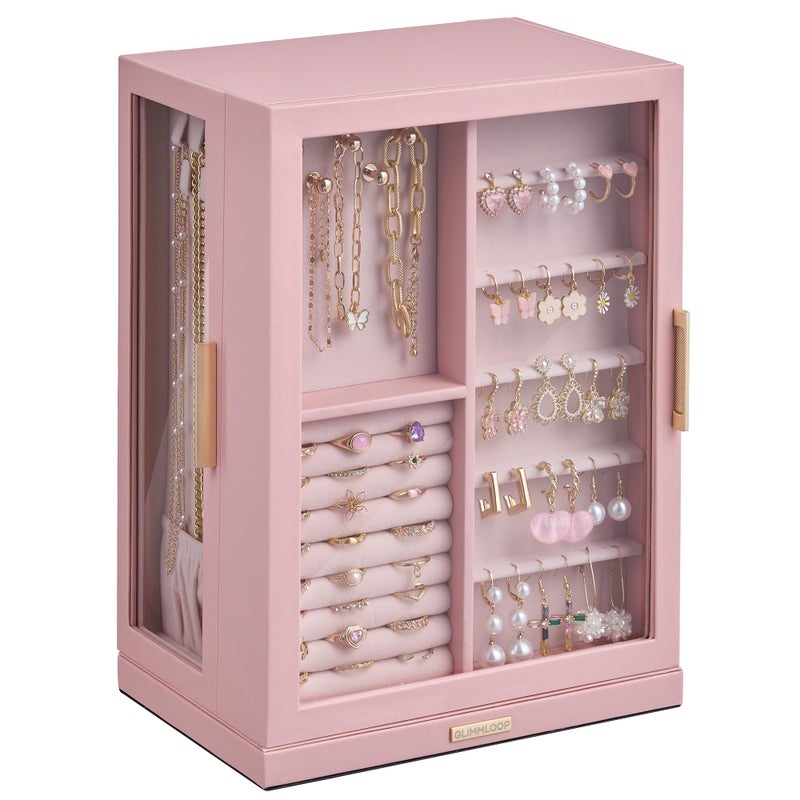 Glimmloop 360Â° Rotating Jewelry Box with 7 Drawers, Spacious Vertical Jewelry Organizer with Glass Window, Jewelry Storage Case, Dustproof & Moisture-resistant Design, Pink - Image 1