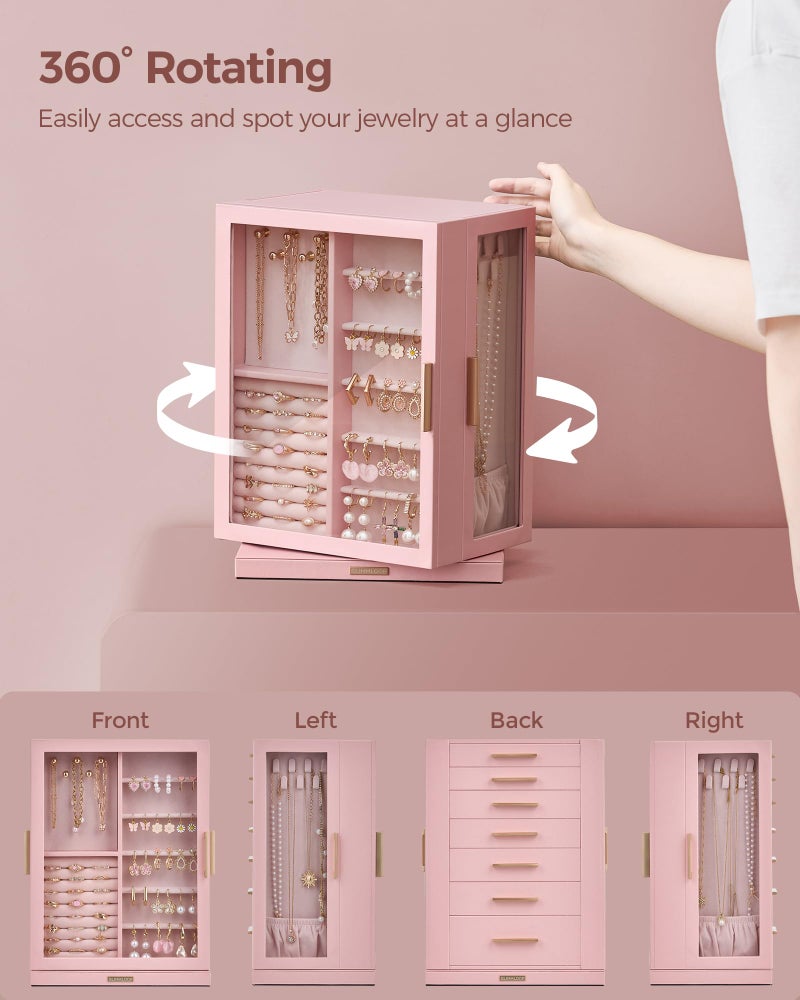 Glimmloop 360Â° Rotating Jewelry Box with 7 Drawers, Spacious Vertical Jewelry Organizer with Glass Window, Jewelry Storage Case, Dustproof & Moisture-resistant Design, Pink - Image 4