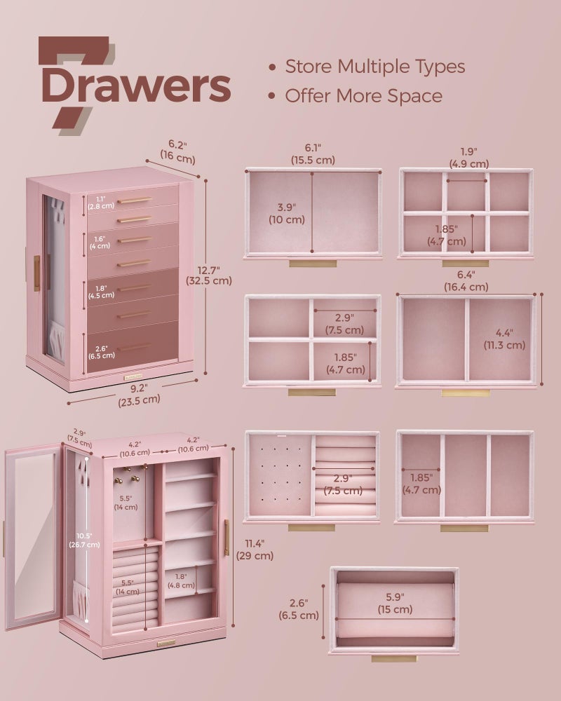Glimmloop 360Â° Rotating Jewelry Box with 7 Drawers, Spacious Vertical Jewelry Organizer with Glass Window, Jewelry Storage Case, Dustproof & Moisture-resistant Design, Pink - Image 5