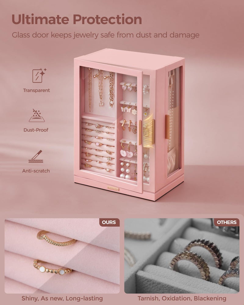 Glimmloop 360Â° Rotating Jewelry Box with 7 Drawers, Spacious Vertical Jewelry Organizer with Glass Window, Jewelry Storage Case, Dustproof & Moisture-resistant Design, Pink - Image 3
