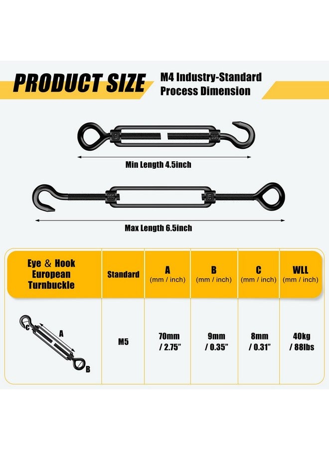 Chumia 16 Pcs M6/5/4 Hook And Eye Turnbuckle 304 Stainless Steel Turnbuckles For Cables Wire Rope Tension For Diy String Light Picture Hanging Fence Gate Wire Tent Rope (Black, M5)  - Image 2