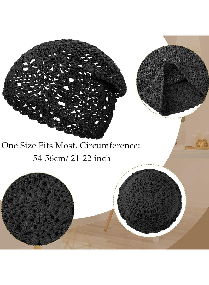 Oasisgalore 2 Pieces Floral Crochet Slouchy Beanie Hat Handmade Knit Cutout Women Floral Skull Cap Stretchy Knitted Crochet Hat for Women  - Image 2