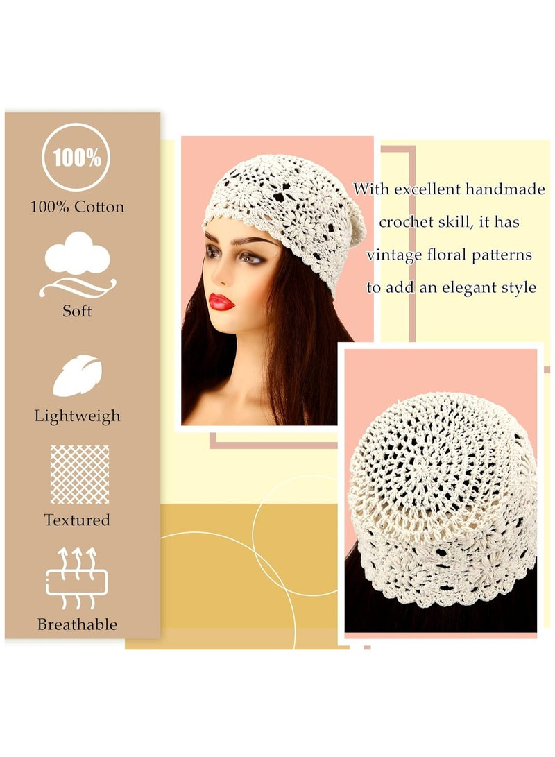 Oasisgalore 2 Pieces Floral Crochet Slouchy Beanie Hat Handmade Knit Cutout Women Floral Skull Cap Stretchy Knitted Crochet Hat for Women  - Image 3