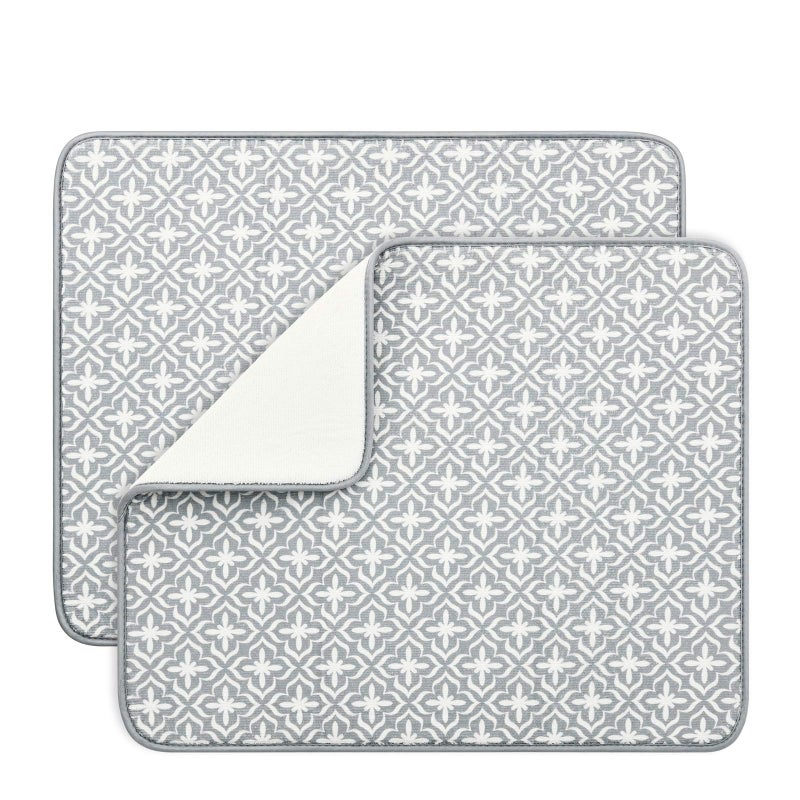 SUBEKYU Dish Drying Mats for Kitchen Counter Microfiber Absorbent Dish DrainerRack Pads for Sink 195158 inch Set of 2 Grey leaf