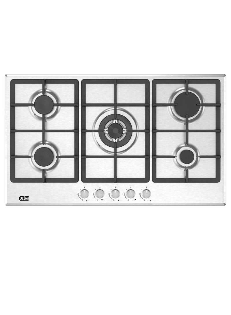 Usto Built-in Hob, 90 cm, 5 Gas Burners, Full Safety, SABAF, Front Control, Steel - ASH 9500AGSSP-SMF01