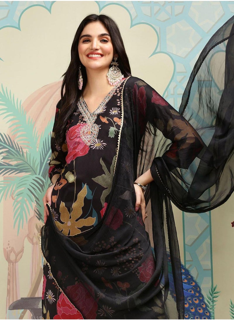 ISHIN Women's Multicoloured Polyester Blend Embellished Tunic Full Length Casual Straight Fit Kurta Set  - Image 1