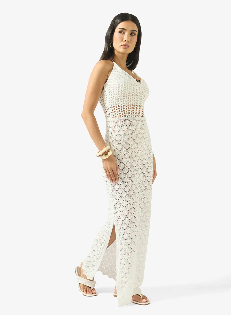 جينجر Crochet Plunge Neck Beach Dress