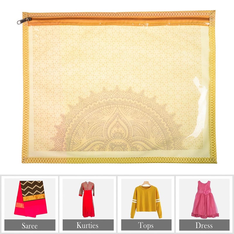 Kuber Industries Kuber Industries Saree Cover Rangoli Design Clothes Storage Bag Single Packing Saree with Zip Closure Wardrobe Organizer Pack of 12 Cream  - Image 5