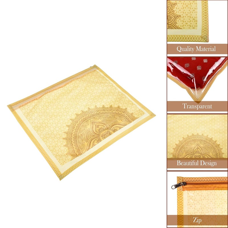 Kuber Industries Kuber Industries Saree Cover Rangoli Design Clothes Storage Bag Single Packing Saree with Zip Closure Wardrobe Organizer Pack of 12 Cream  - Image 4
