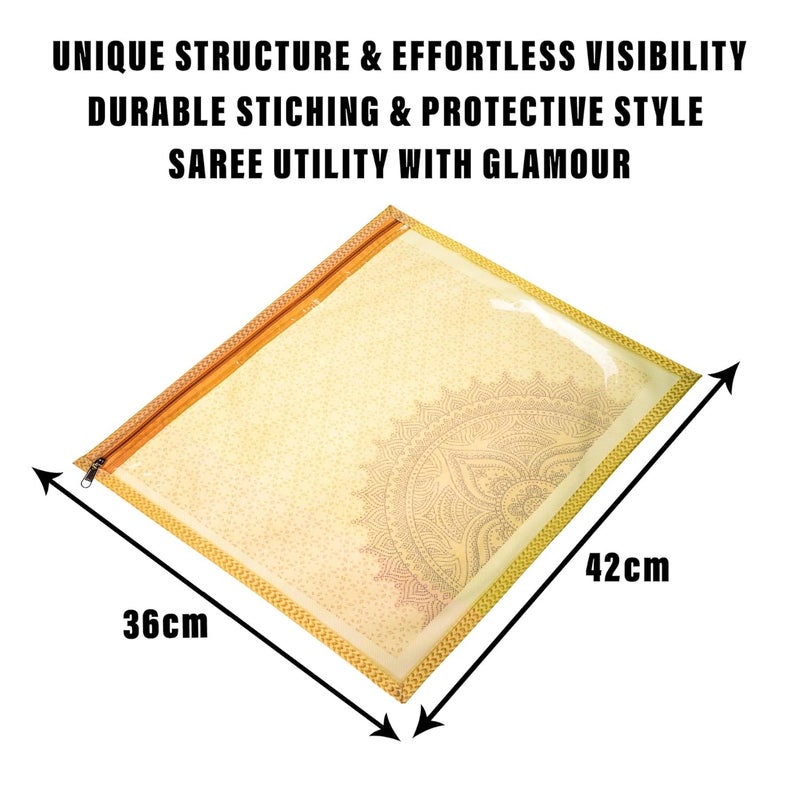 Kuber Industries Kuber Industries Saree Cover Rangoli Design Clothes Storage Bag Single Packing Saree with Zip Closure Wardrobe Organizer Pack of 12 Cream  - Image 3